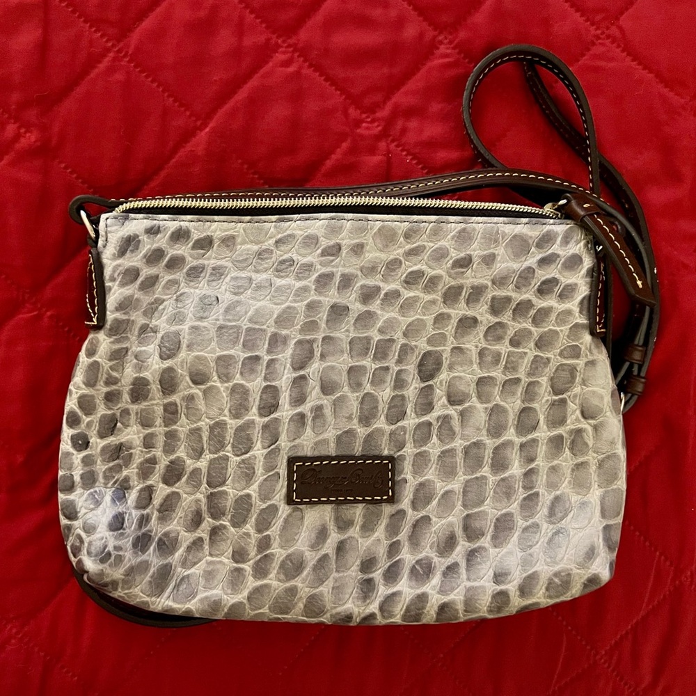 Dooney & Bourke Elegant Gray Crocodile-Embossed and Brown Leather Trim Crossbody